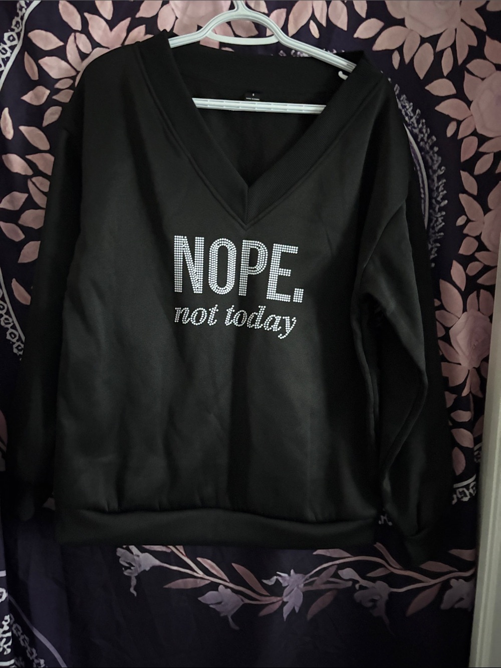 SHEIN Black V-Neck Sweater with 'NOPE. not today' Rhinestone Text